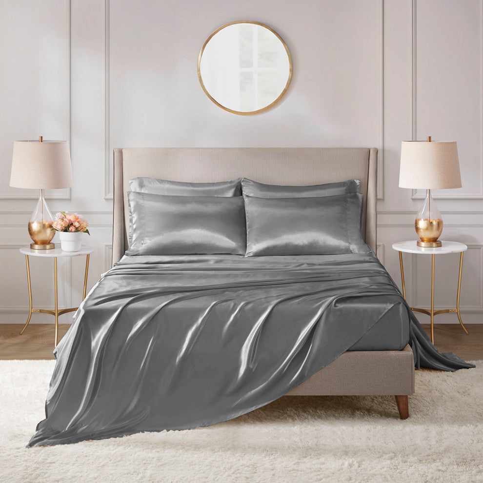 Madison Park Essentials Satin Luxury 6 PC Sheet Set, Grey