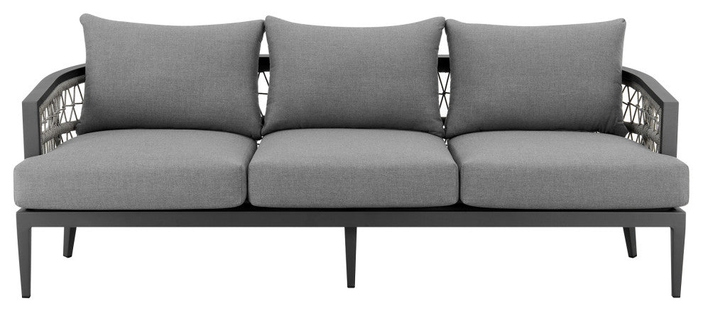 Zella Outdoor Patio Sofa, Aluminum With Light Gray Rope/Earl Gray Cushions