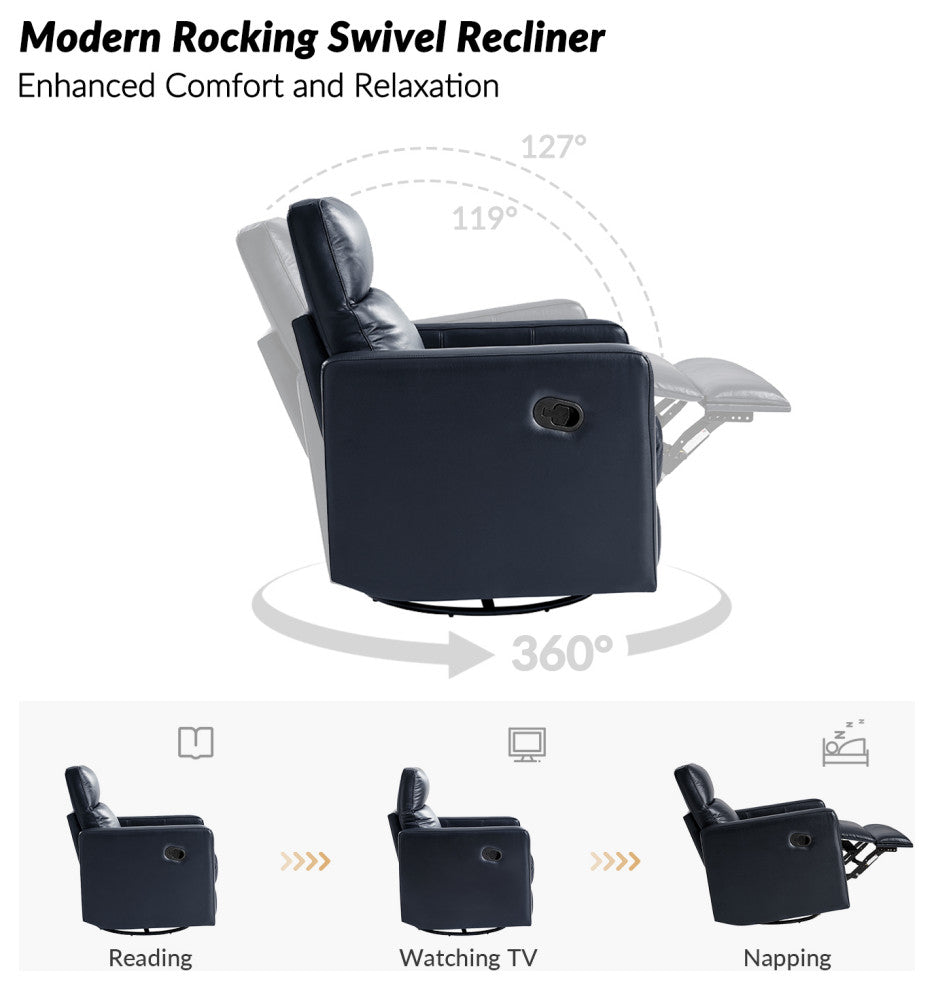 Genuine Leather Swivel Rocker Recliner With Adjustable Headrest, Navy