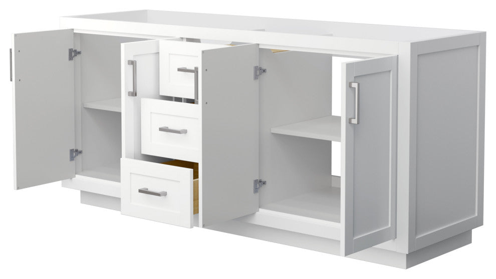 72" Double Bathroom Vanity, White, No Countertop, No Sink, Nickel Trim