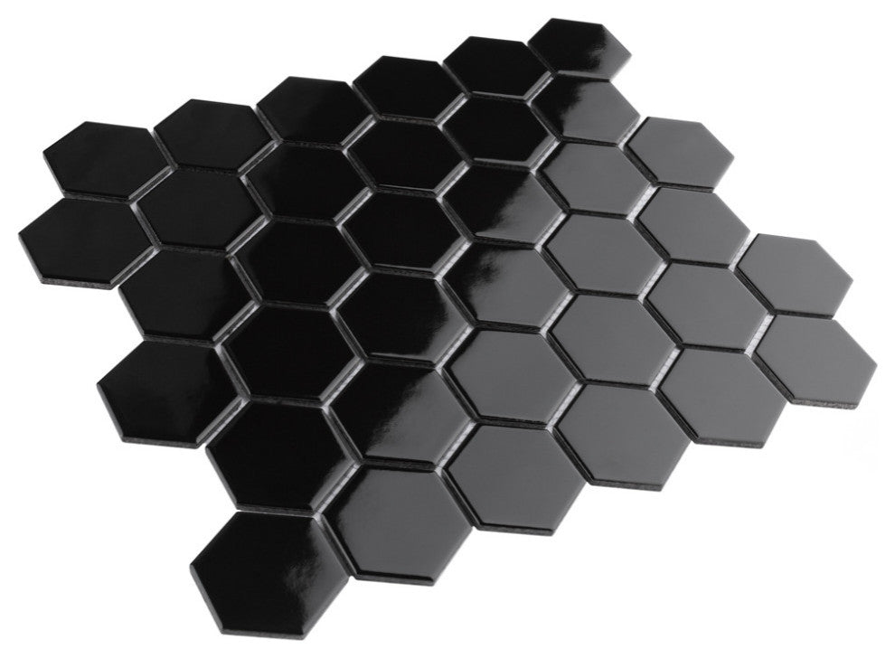 Metro 2" Hex Glossy Black Porcelain Floor and Wall Tile