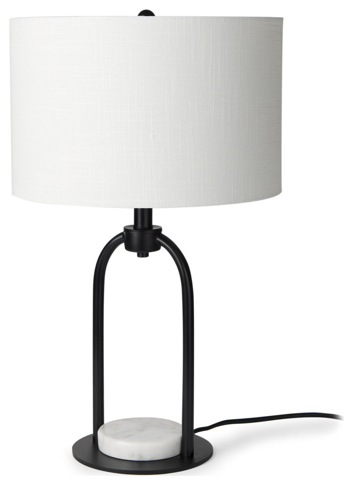 Sarah Arched Black Metal With Marble Cube and White Shade Table Lamp