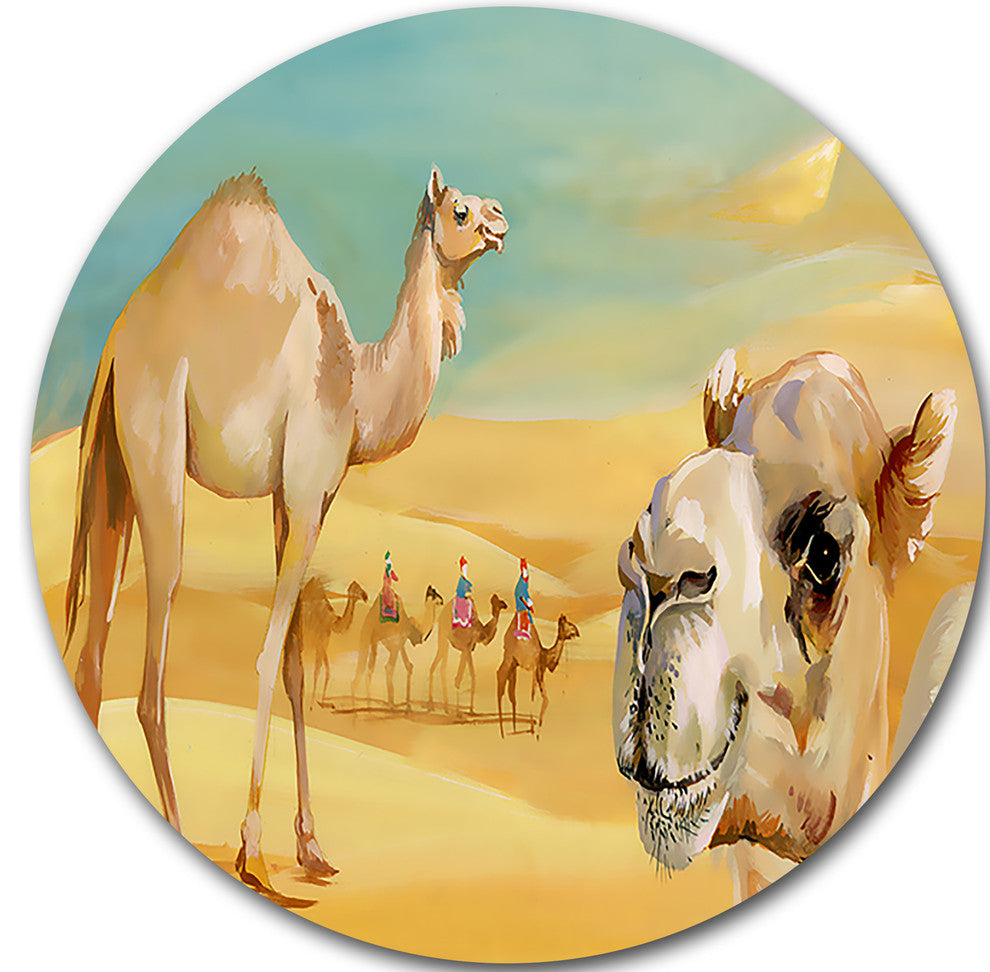 Wandering Camels In Desert, Watercolor Animal Disc Metal Wall Art, 11"