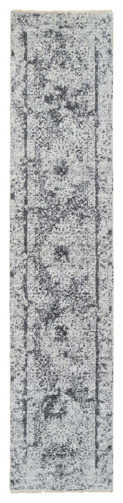 Gray Hand Knotted Erased Persian Design Wool and Silk Runner Rug, 2'7"x12'0"