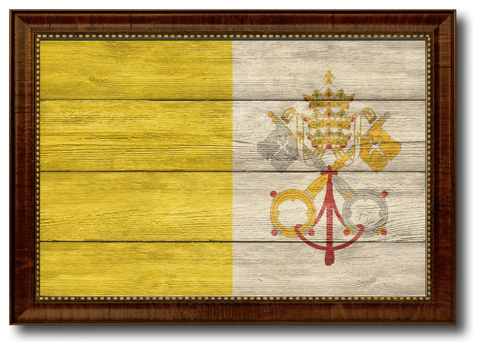 Vatican City Country Textured Flag Print With Brown Gold Frame, 15"X21"