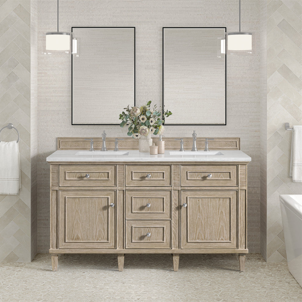 Lorelai 60" Double Vanity, Oak, 3 CM Arctic Fall Solid Surface Top