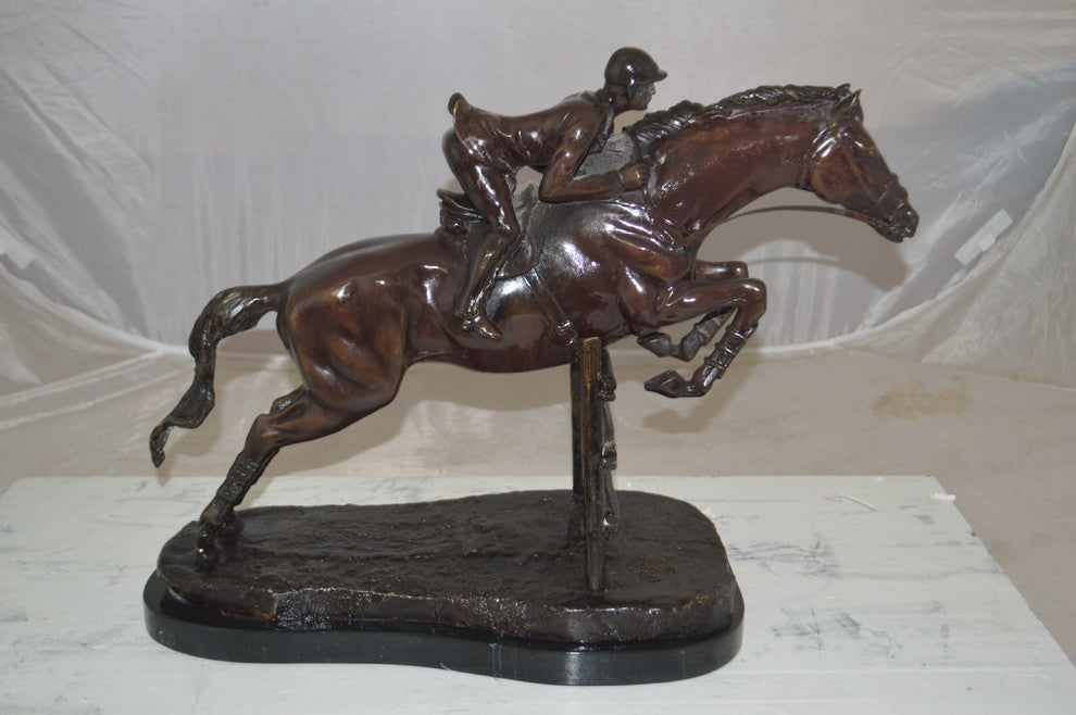 Jockey With Horse Jumping Over Hurdle Bronze Statue Medium  23"L x 10"W x 16"H