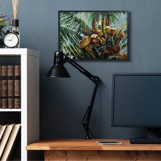 Tropical Palm Coconuts Green Yellow Painting, 24"x30", Black Frame