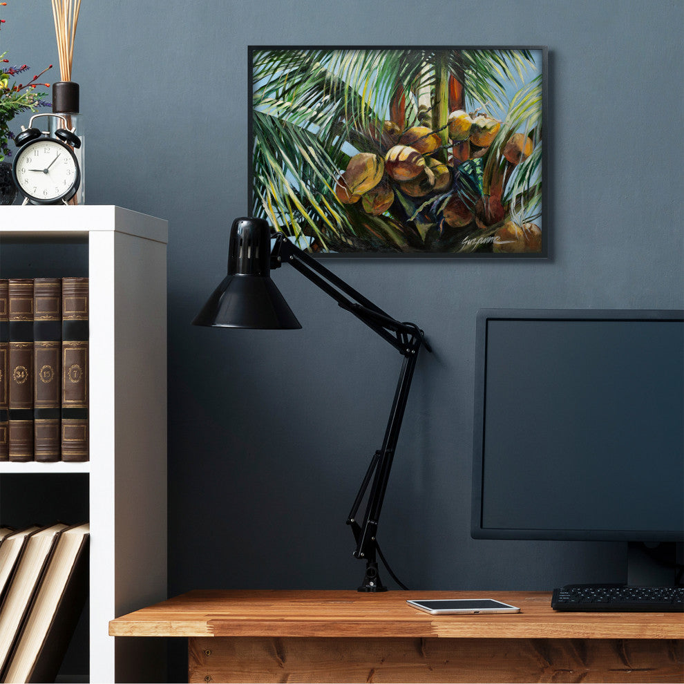 Tropical Palm Coconuts Green Yellow Painting, 24"x30", Black Frame