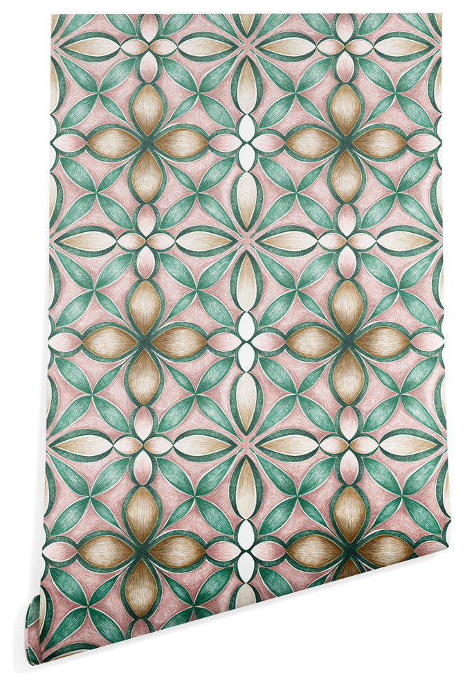 Deny Designs Pimlada Phuapradit Floral Tile PinkGreen Wallpaper, Pink, 2'x8'