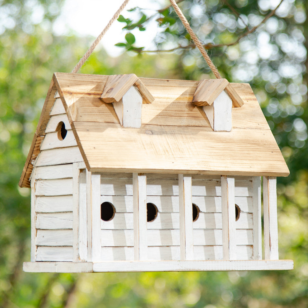 White Distressed Solid Wood Cottage Birdhouse