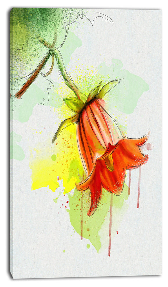Red Bellflower Sketch Watercolor, Floral Canvas Art Print, 16"x32"