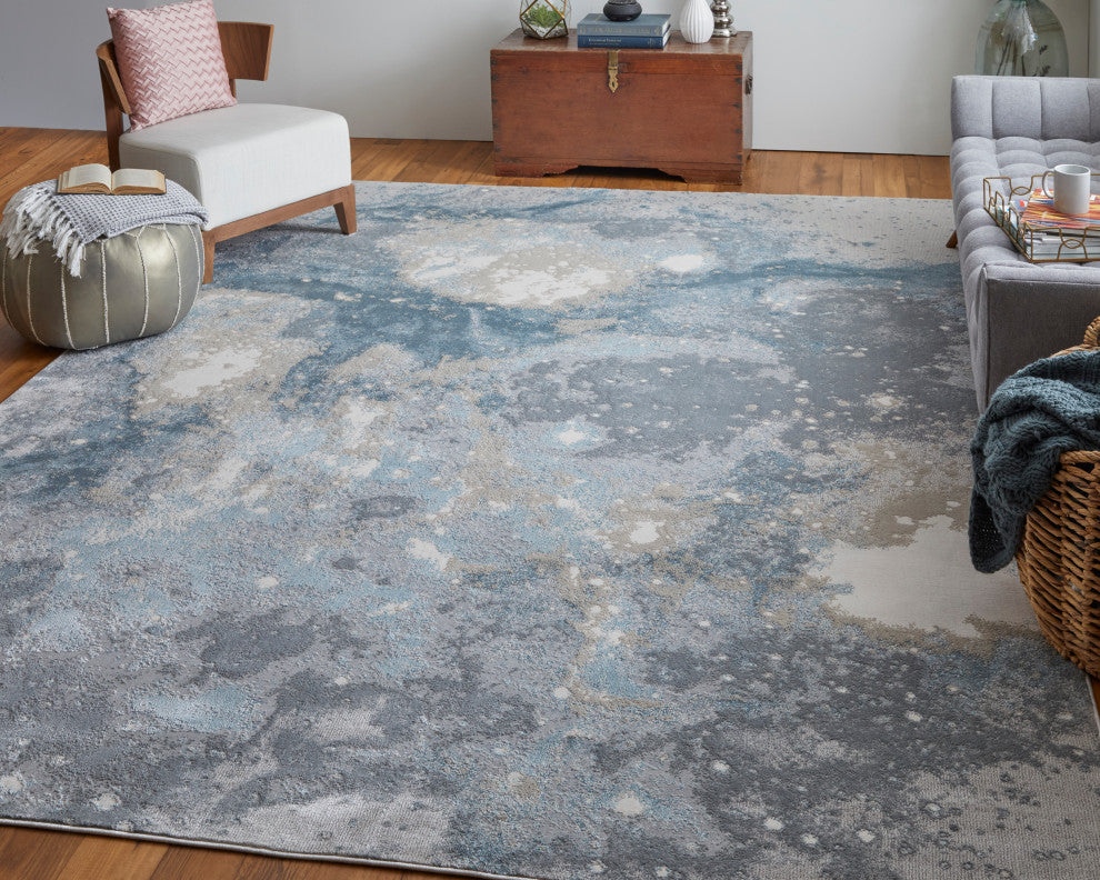 Oria Industrial Abstract Area Rug, Blue/Gray/Ivory, 10'x13'2"