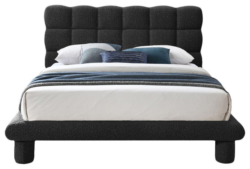 Deco Boucle Fabric Upholstered Full Bed, Black, King