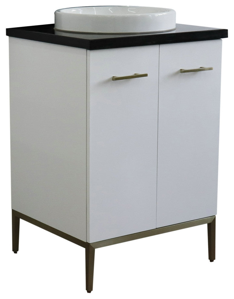 25" Single Sink Vanity, White Finish With Black Galaxy Granite And Round Sink