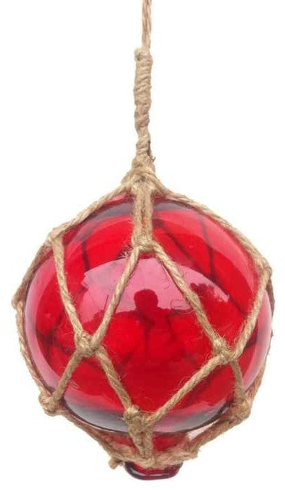 Red Japanese Glass Ball Fishing Float With Brown Netting Decoration 4'', Glass