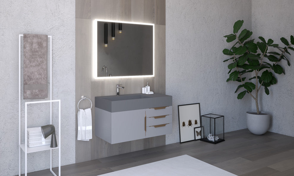 CastelloUSA Amazon 36" Wall Mount Vanity Set, Gray, Gray Top, Gold Handles