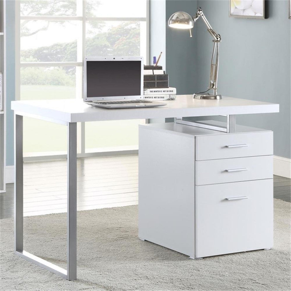 Coaster Brennan Modern 3-Drawer Wood Office Desk in White and Silver