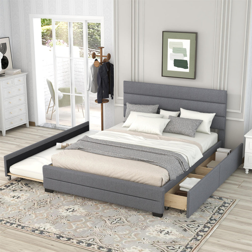 Gewnee Queen Upholstered Platform Bed with Twin Size Trundle,Drawers,In Grey