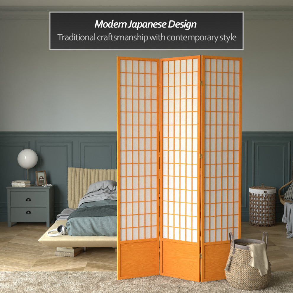 7' Tall Window Pane Shoji Screen, Honey, 3 Panels