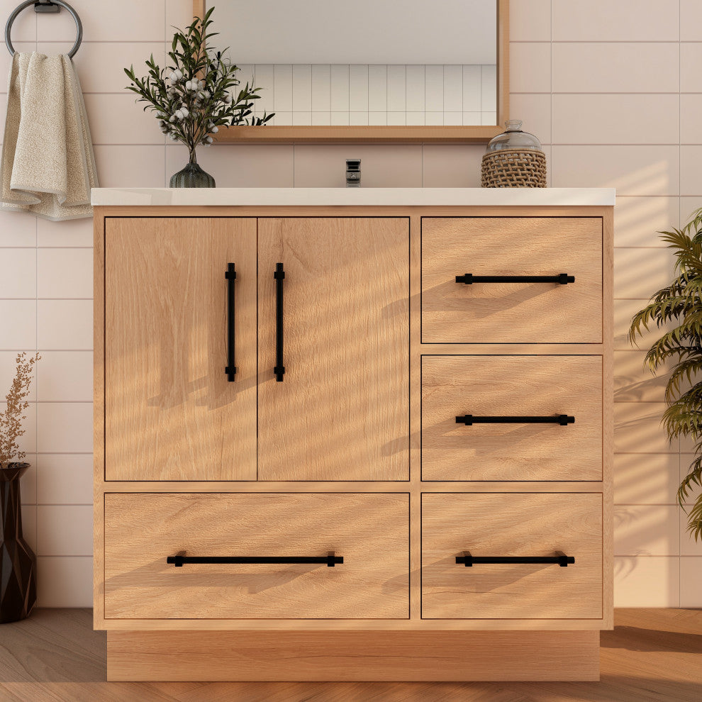 Victoria 36" Solid Wood Bath Vanity Right Side Drawers, Red Oak