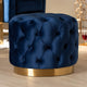 Royal Blue Velvet Fabric Upholstered Gold-Finished Button Tufted Ottoman