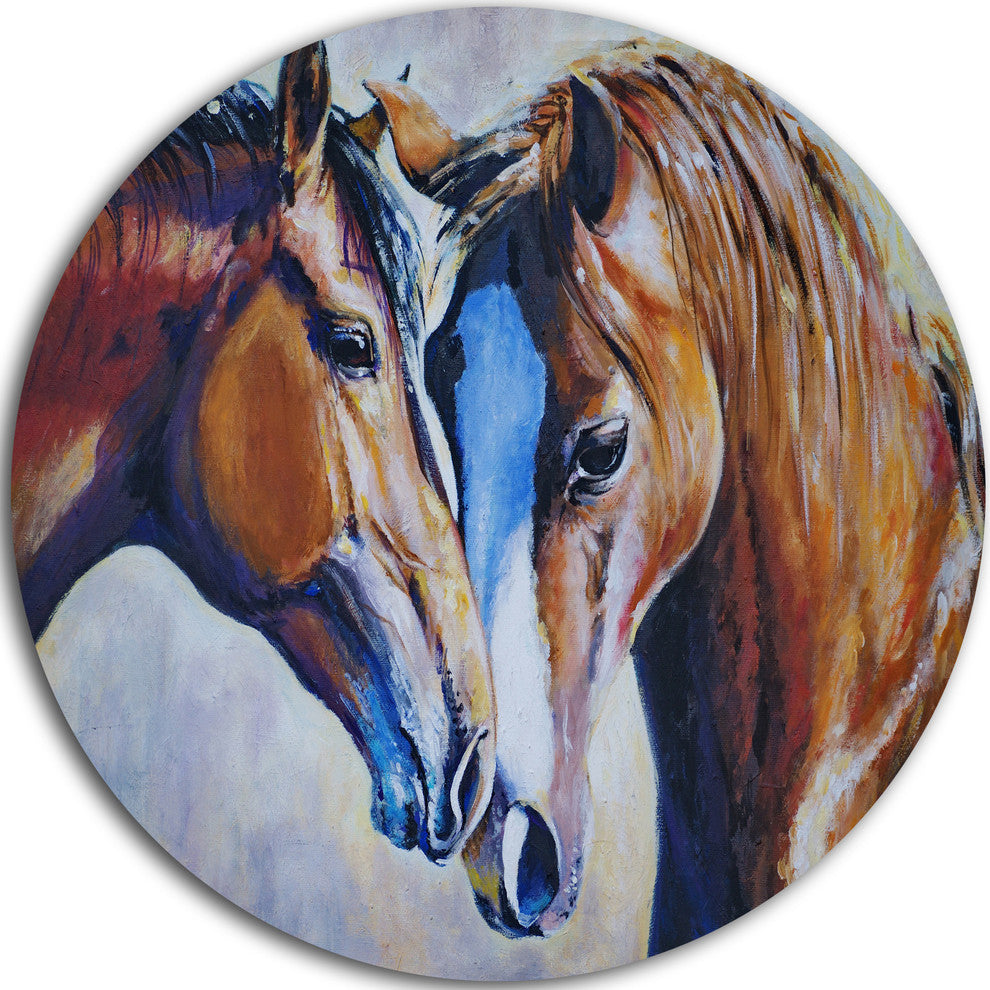 Brown Amorous Horses, Animal Painting Round Metal Wall Art, 36"