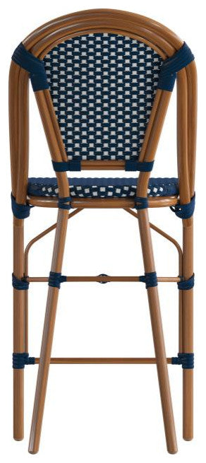 Set of 2 Stackable Indoor/Outdoor French Bistro 26" High Bar Stools, Navy & White/Natural Frame