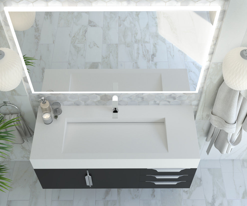 CastelloUSA Nile 48" Wall Mounted Vanity Set, Black, White Top, Brushed Nickel