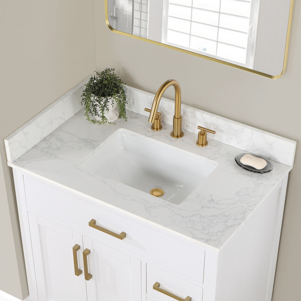 Gavino Vanity With Grain White Composite Stone Top, White/Brushed Gold, 36", No Mirror