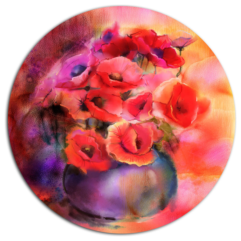 Bouquet Of Cute Poppies In Vase, Floral Round Metal Wall Art, 11"