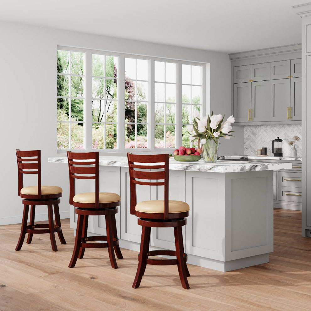 DTY Indoor Living Granby Slat Back Swivel Stool, 24" Counter Stool, Cherry, Bone Leather
