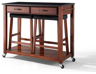 Solid Black Granite Kitchen Cart, Classic Cherry, 24" Upholstered Saddle Stools