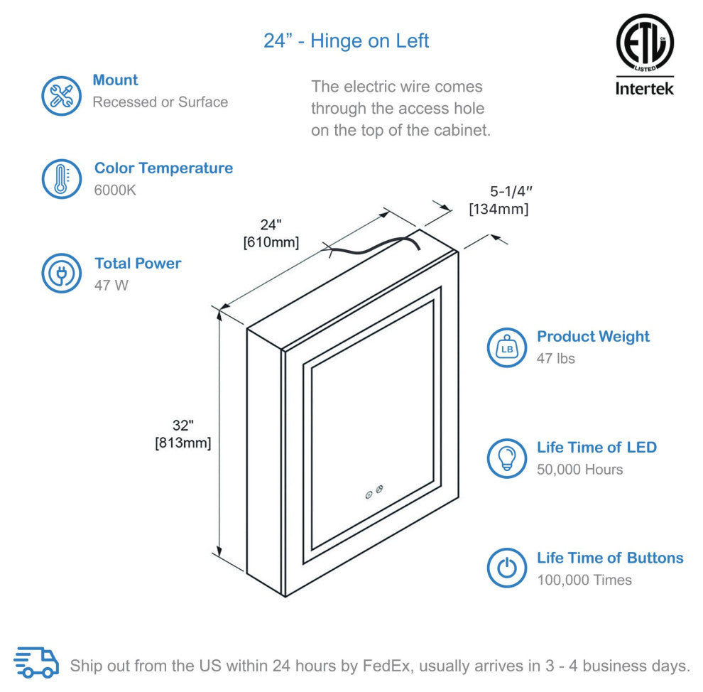 LED Medicine Cabinet With Defogger, 24/L