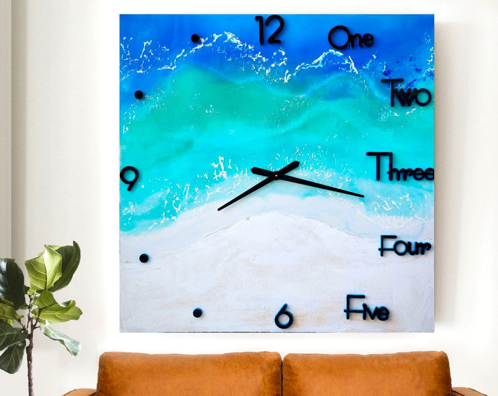 ED epoxy resin wall clock, 3D sculpture art, abstract seascape art