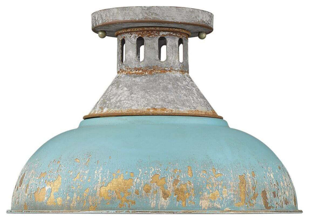 1 Light 14" Semi-Flush Mount, Aged Galvanized Steel With Teal Shade