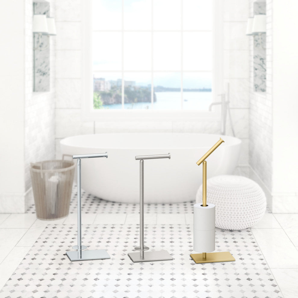 Square Freestanding Toilet Paper Holder, Brushed Brass, Storage