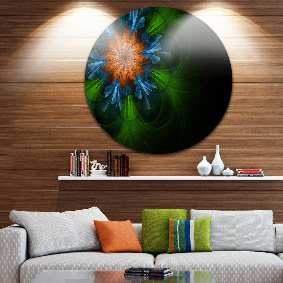 Dark Green Fractal Flower In Black, Floral Disc Metal Wall Art, 11"