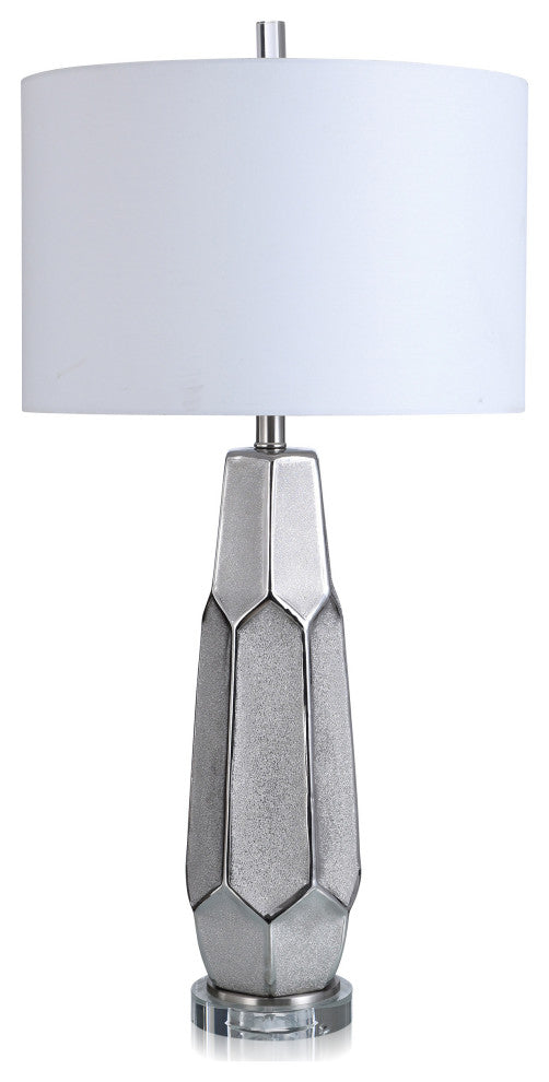 Zara Carved and Textured Body Ceramic Table Lamp Silver Finish White Shade