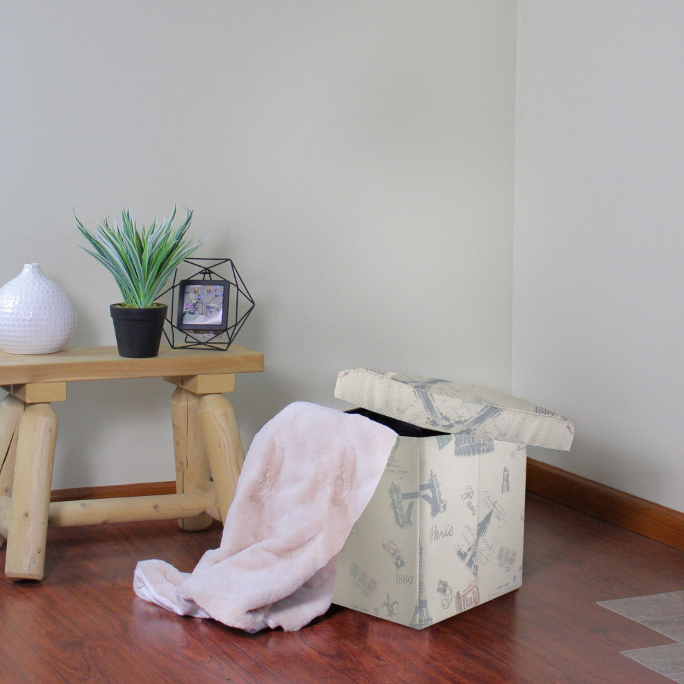 Taupe Vintage-Style Travel Inspired Fabric Ottoman Storage Box, 12"