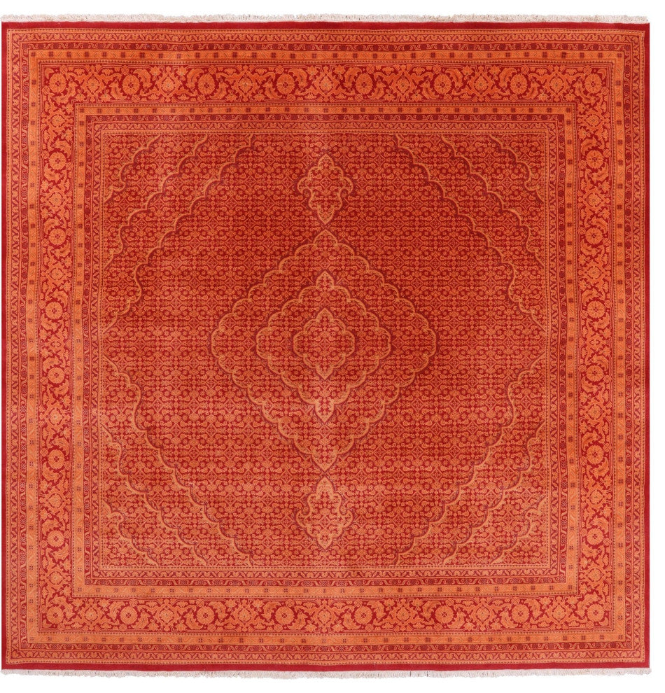 8' Square Wool & Silk Persian Tabriz Hand Knotted Rug - Q13007