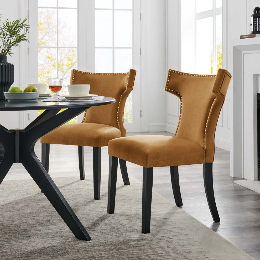 Curve Performance Velvet Dining Chairs, Set of 2, Cognac