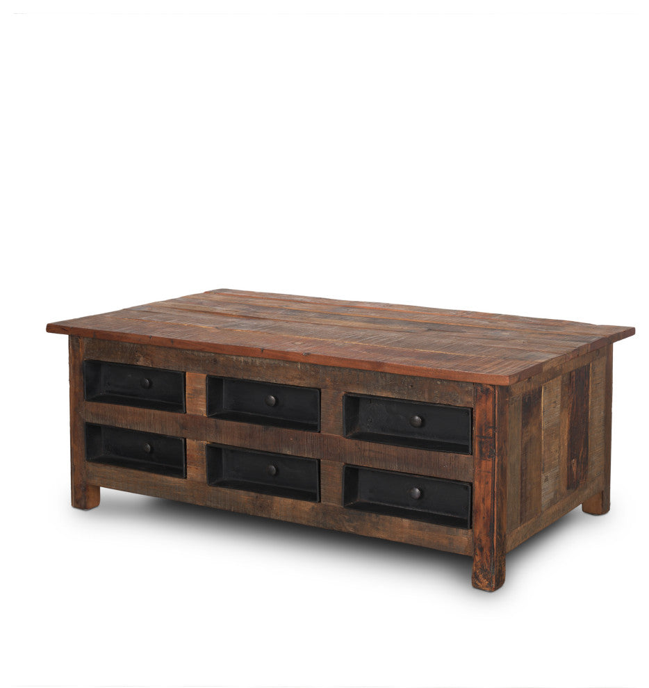 Wilton Brown Wood With 12 Black Metal Drawers Coffee Table