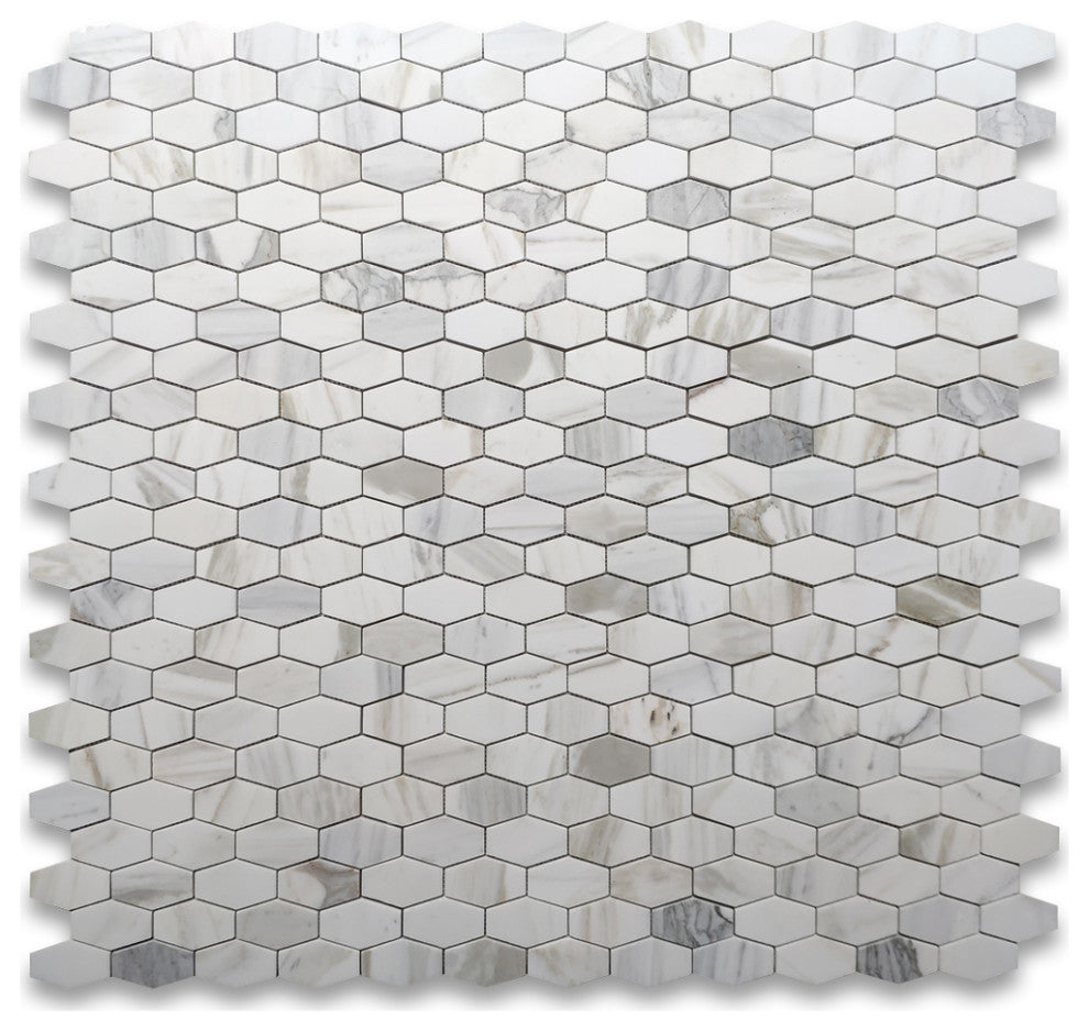 Calacatta Gold Marble 1-1/4x3 Elongated Hexagon Mosaic Tile Polished, 1 sheet