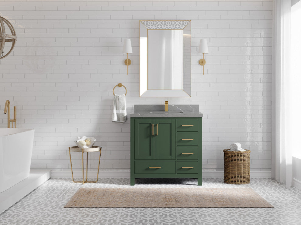 Malibu 36 Center Sink Bath Vanity in Lafayette Green 2" Piatra Gray