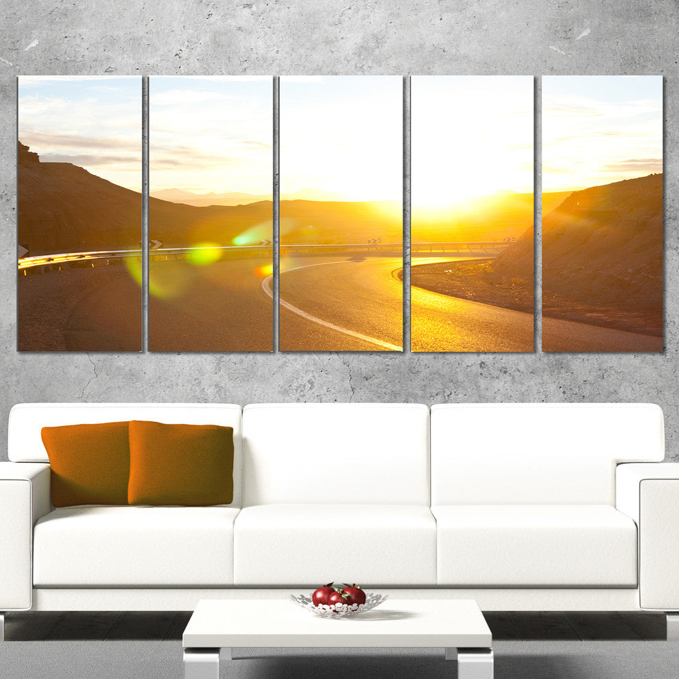 Yellow Road under Sunset, Oversized Landscape Canvas Art, 60"x28", 5 Panels