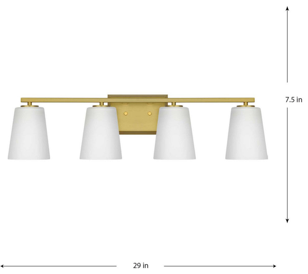 Vertex Collection Four-Light Brushed Gold Etched White Glass Bath Light