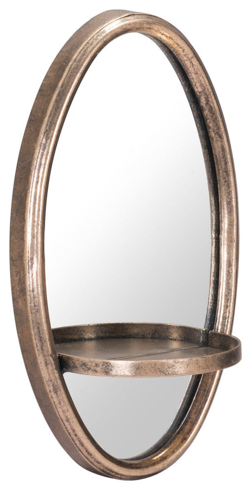 Antiqued Gold Oval Mirror With Petite Shelf