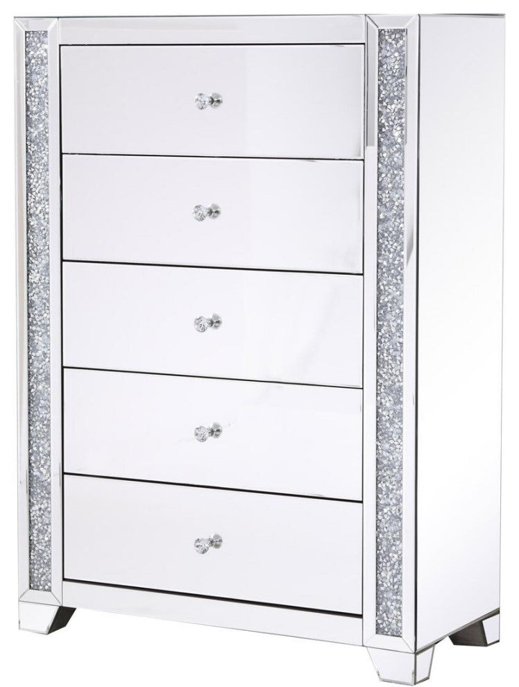 34" Silver Crystal Mirrored Five Drawer Cabinet