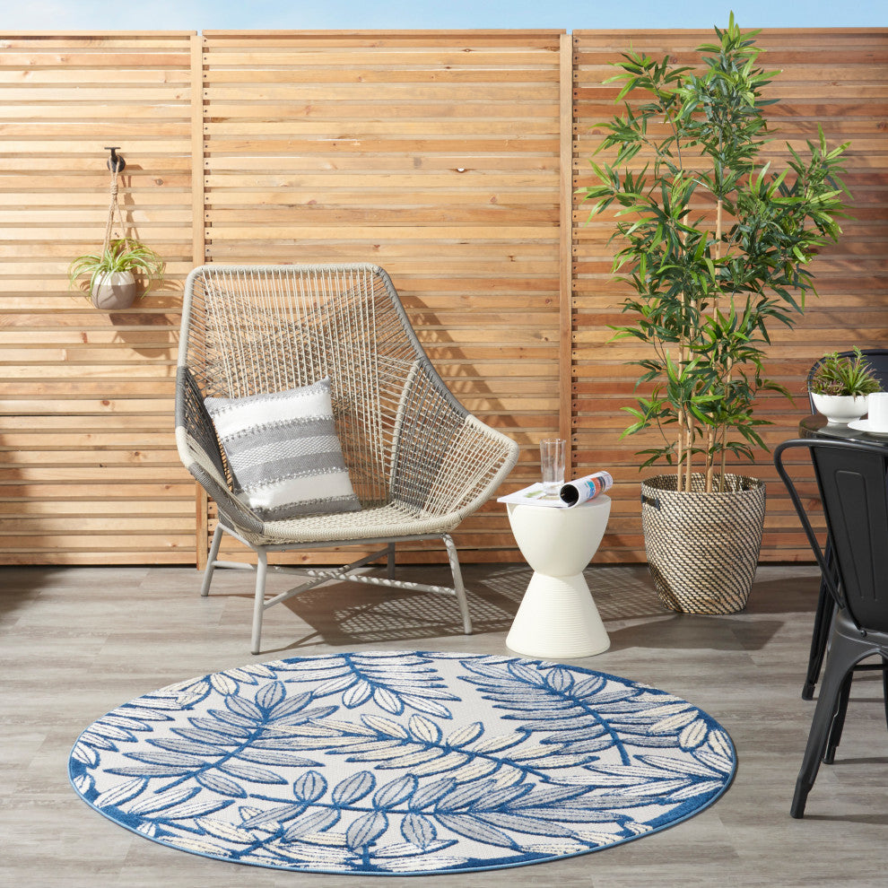 Nourison Aloha 4' x Round Ivory/Navy Tropical Area Rug